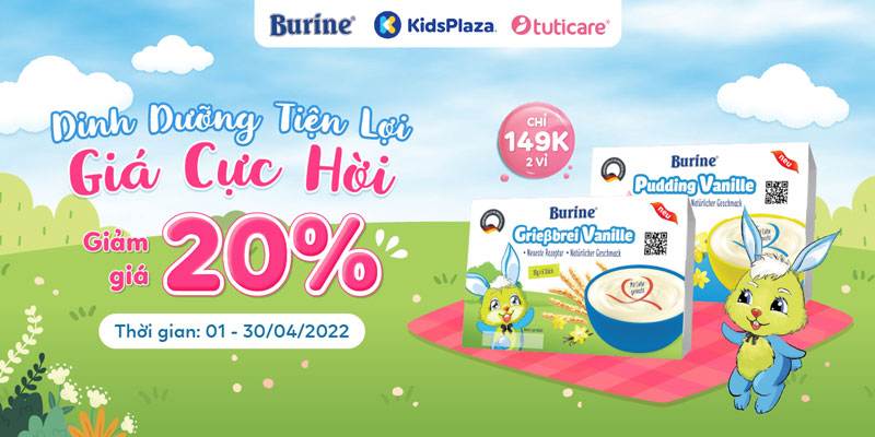 giảm 20% cháo sữa, pudding Burine tại Kids, Tuticare